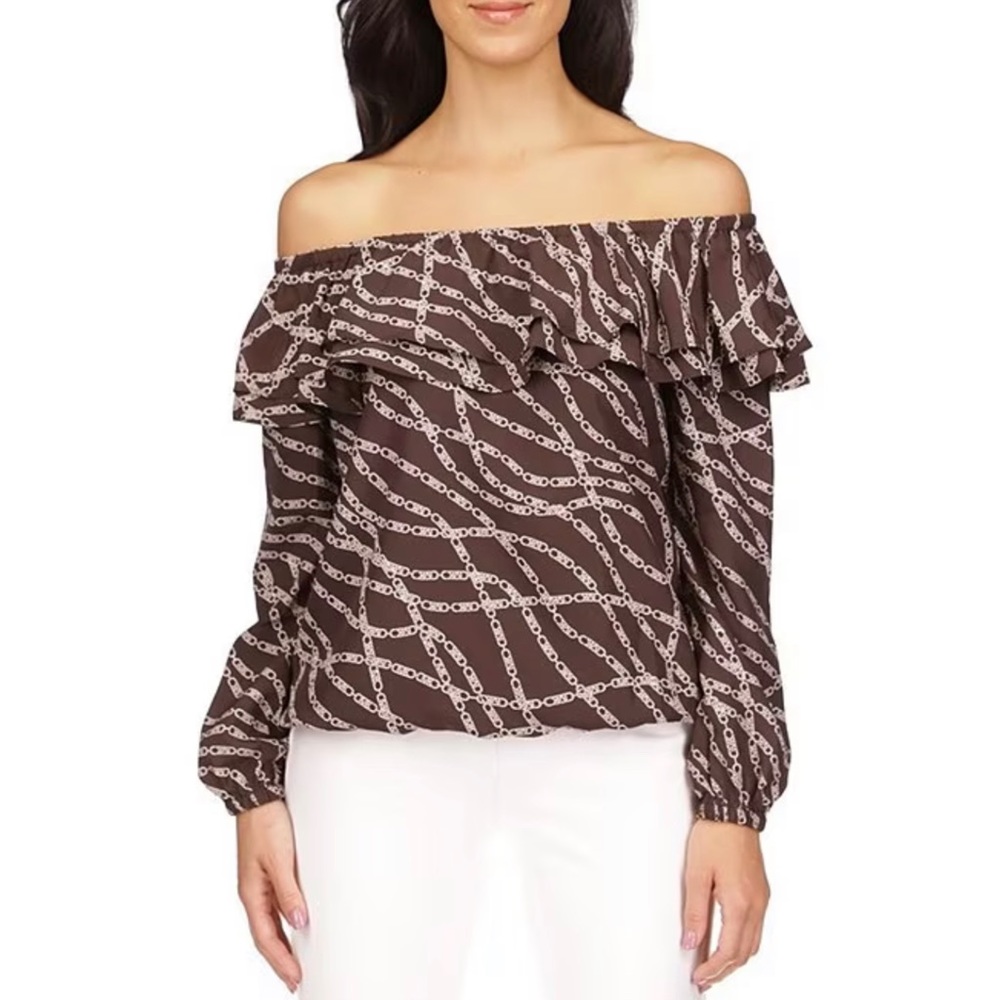 Michael Kors Women's Printed Stadium Ruffled-Overlay Off-The-Shoulder Top